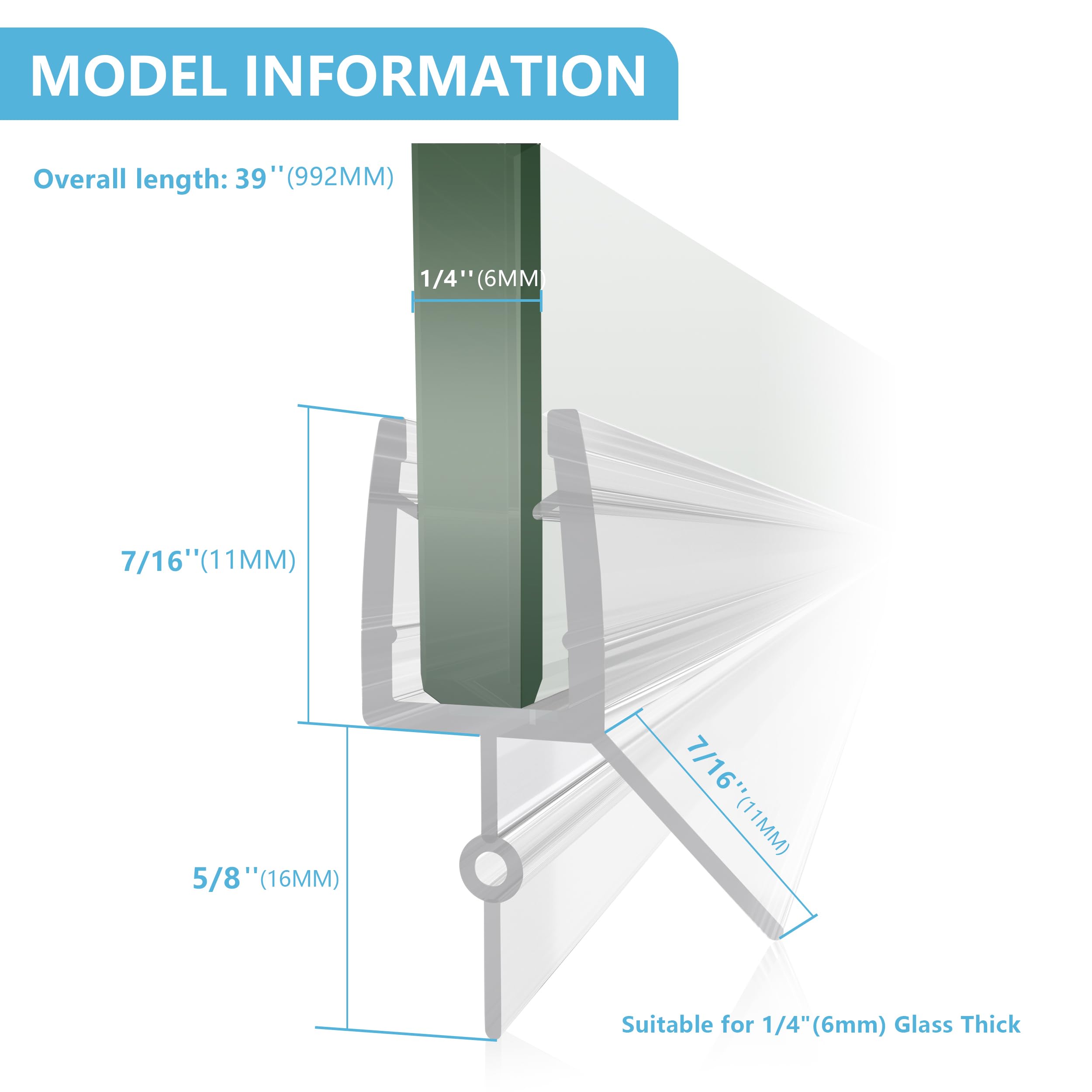 2-Pack iBath Shower Door Bottom Seal, Fit 3/8"(10mm) Glass Thick, Ultra Clear Frameles Glass Door Sweep Strips Stop Shower Leaks, Length 39"(992mm) Glass Door Seal Strip. (1/4" with Drip Rail)