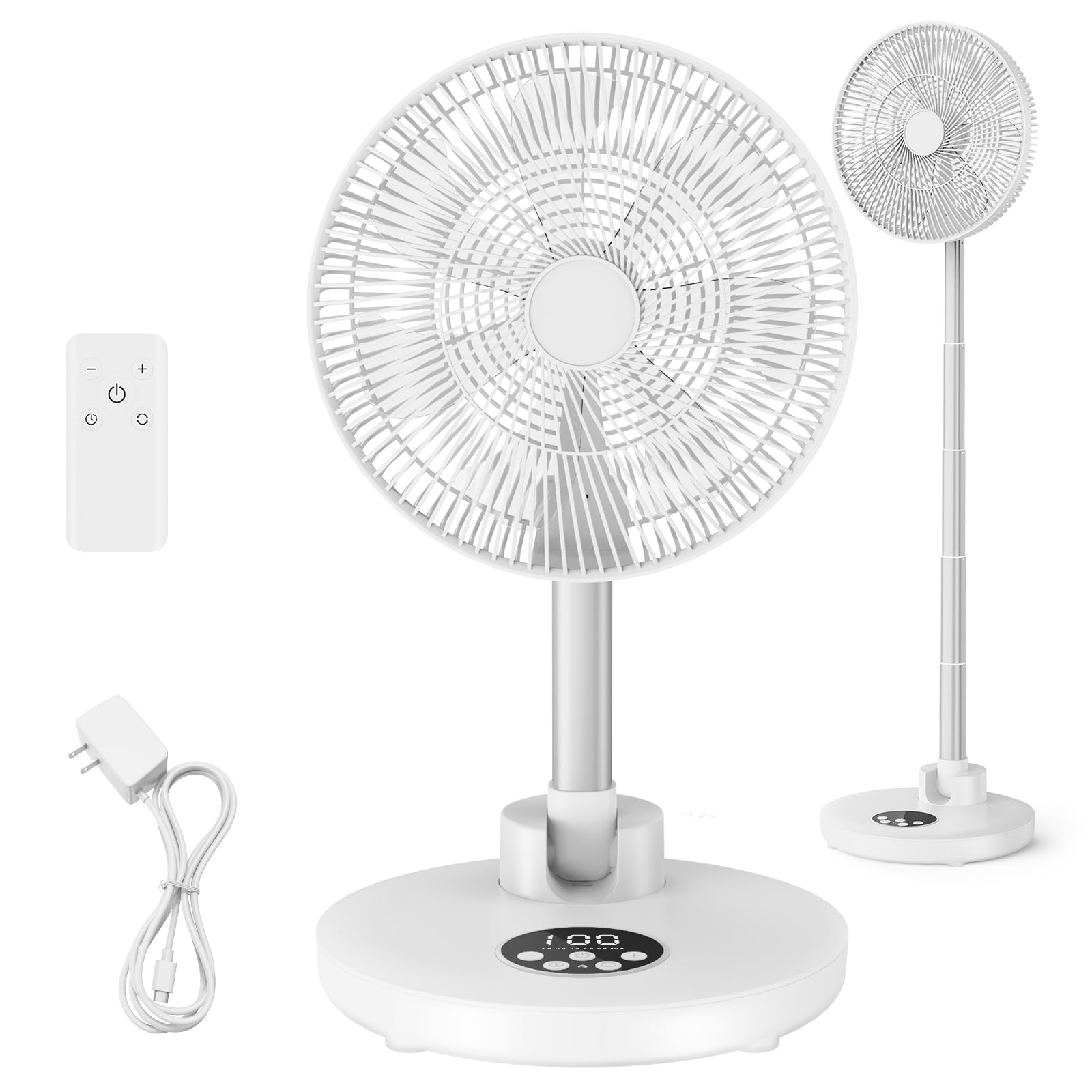 Eposy Standing Oscillating Fan 12" Foldable Portable Quiet Floor Fan,12000mAh with Remote, Timer, Height Adjustable,6 Speed Portable Fan,White