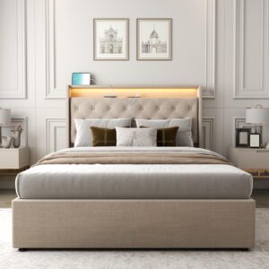 Loomie Full Lift Up Bed Frame with Charging Station & LED Lights, Upholstered Bed with Button Tufted Wingback Storage Headboard, Hydraulic Storage, No Box Spring Needed, Wood Slats Support,Beige