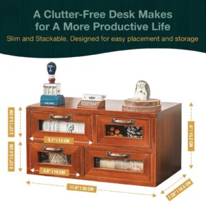 Store and Display Wooden Desk Top Organizer Cabinet - Mahogany Wood Display Chest with 4 See-Through Drawers - Additional Storage for Work Table, Vanity, Dresser Shelf or Kitchen Counter