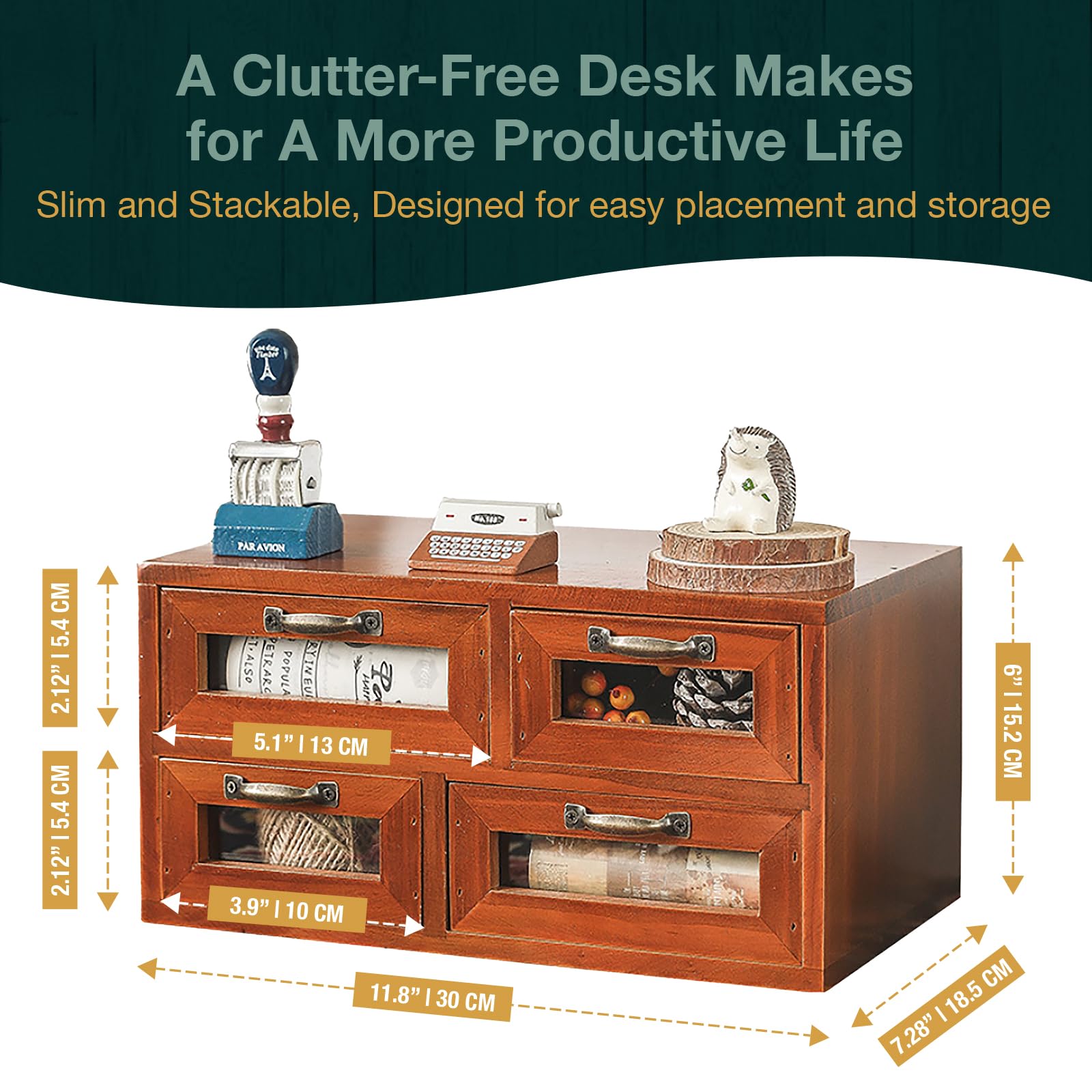 Store and Display Wooden Desk Top Organizer Cabinet - Mahogany Wood Display Chest with 4 See-Through Drawers - Additional Storage for Work Table, Vanity, Dresser Shelf or Kitchen Counter