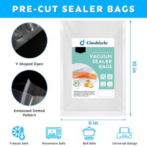 Cloudslucky Vacuum Sealer Bags for Food Pint 6"x10" 100 Pcs Seal a Meal Bag, Food Saver Bags Sous Vide Bags Pre-cut Thick BPA-Free Textured Heavy Duty Vacuum Seal, Meat Cheese Dry Goods