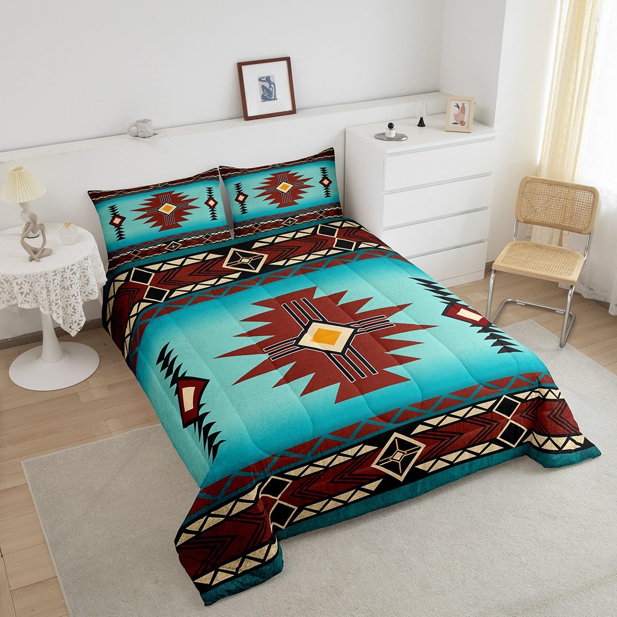 Southwest Comforter Set Queen Size,Geometric Aztec Tribal Striped Print Quilt Set Rustic Western Bedding Set for Kids Girls Woman Men Room Decor,Adult Retro Turquoise Red Duvet Insert 3Pcs