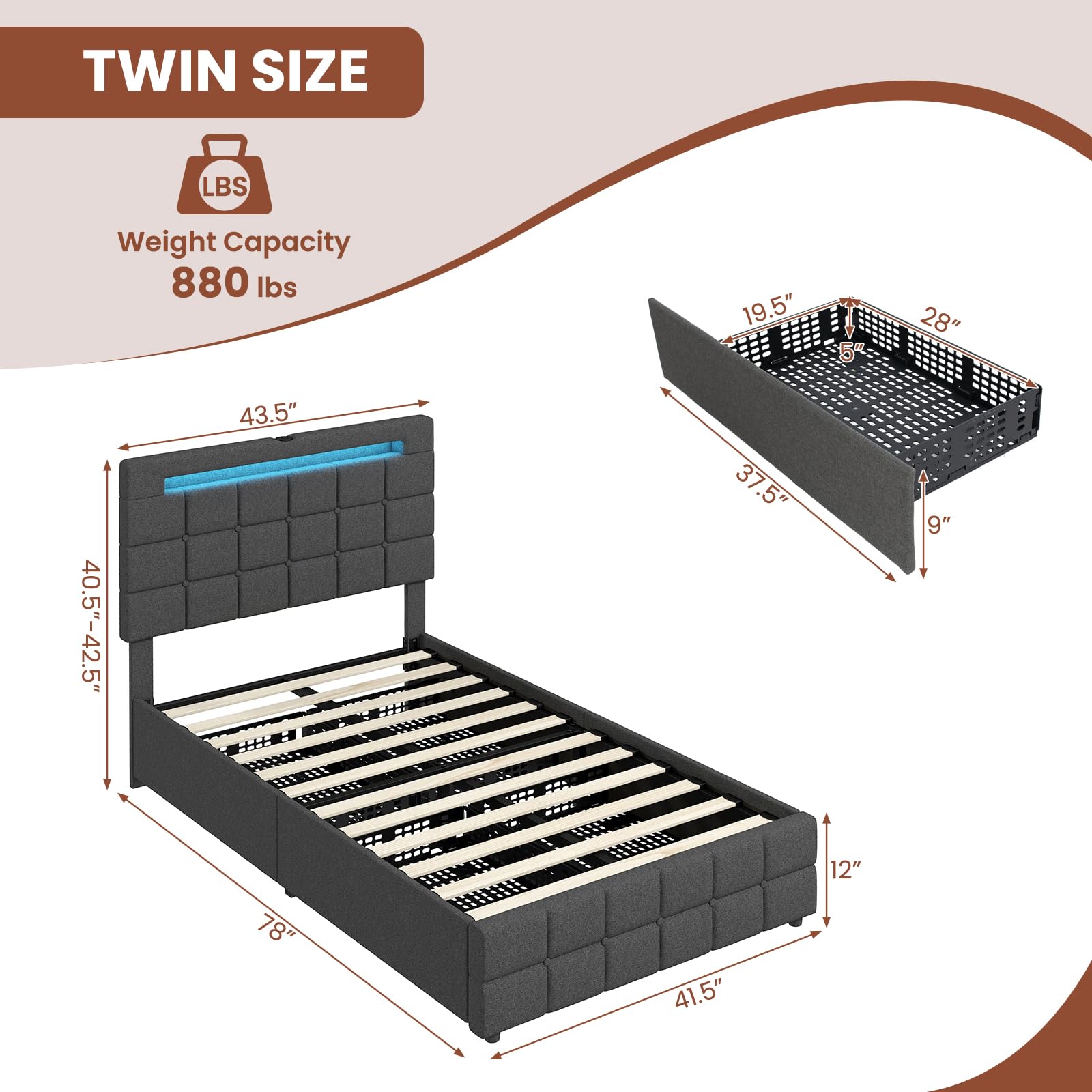 Giantex Twin Bed Frame with LED Lights and 4 Drawers, Upholstered Platform Bed Frame with USB Ports, Tufted Adjustable Headboard Design, Solid Wooden Slat Support, No Box Spring Needed