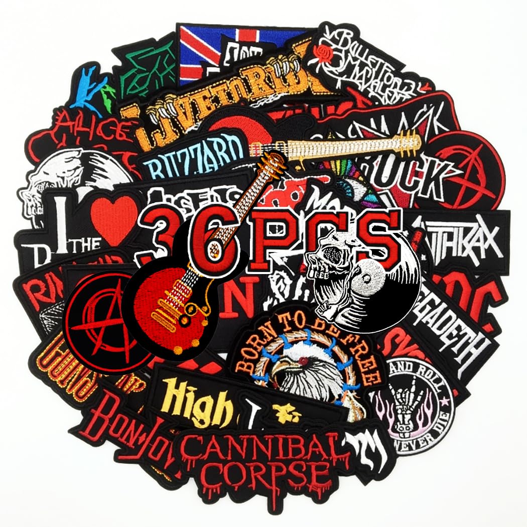 36PCS Heavy Metal Rock Music Patches Iron on Rock Music Badges Hippie Punk Stickers for Clothes (E)