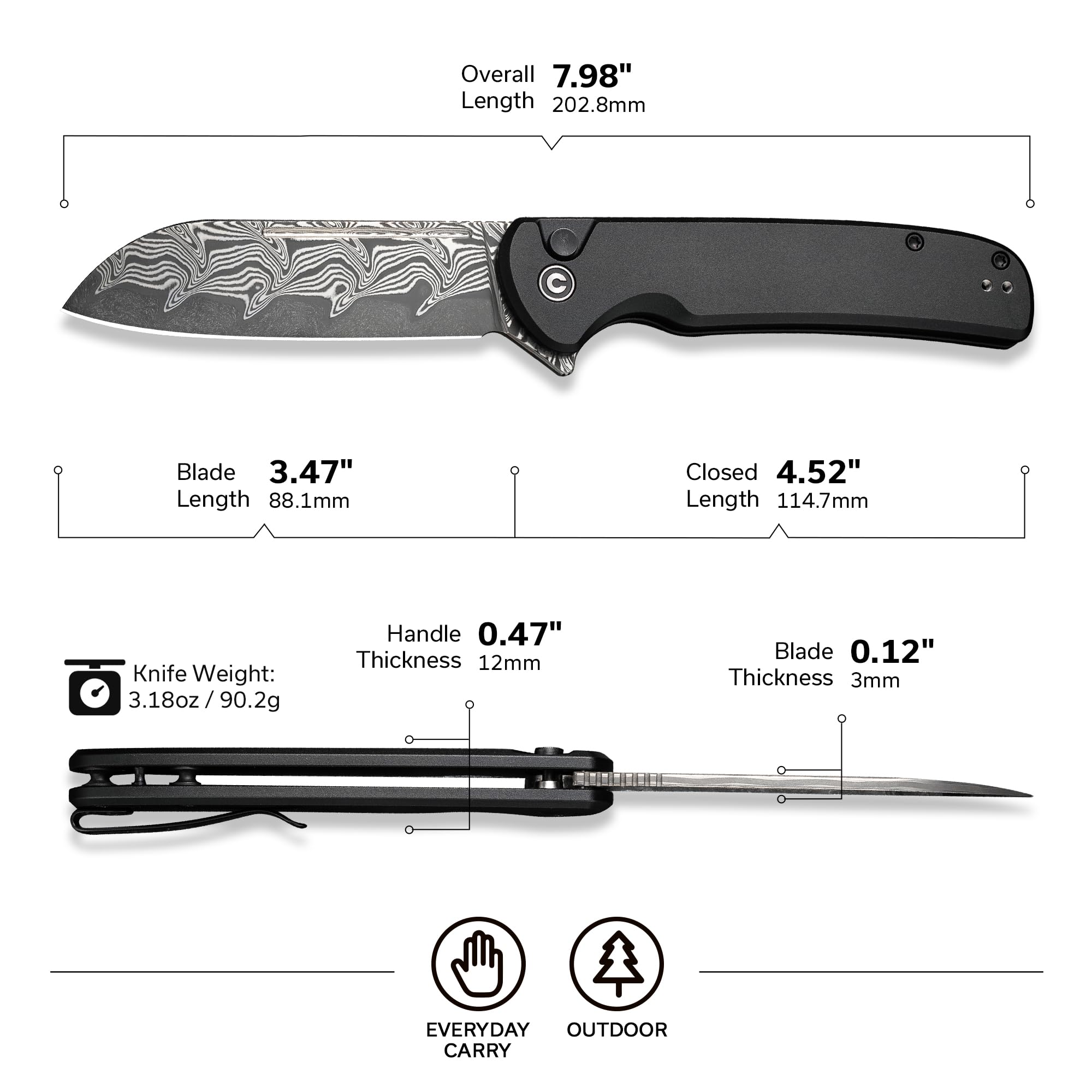 CIVIVI Chevalier II Folding Pocket Knife, Button Lock Knife for EDC 3.47" Damascus Sheepsfoot Blade Plus Aluminum Handle, Utility Knife for Men Women Gift C20022B-DS1