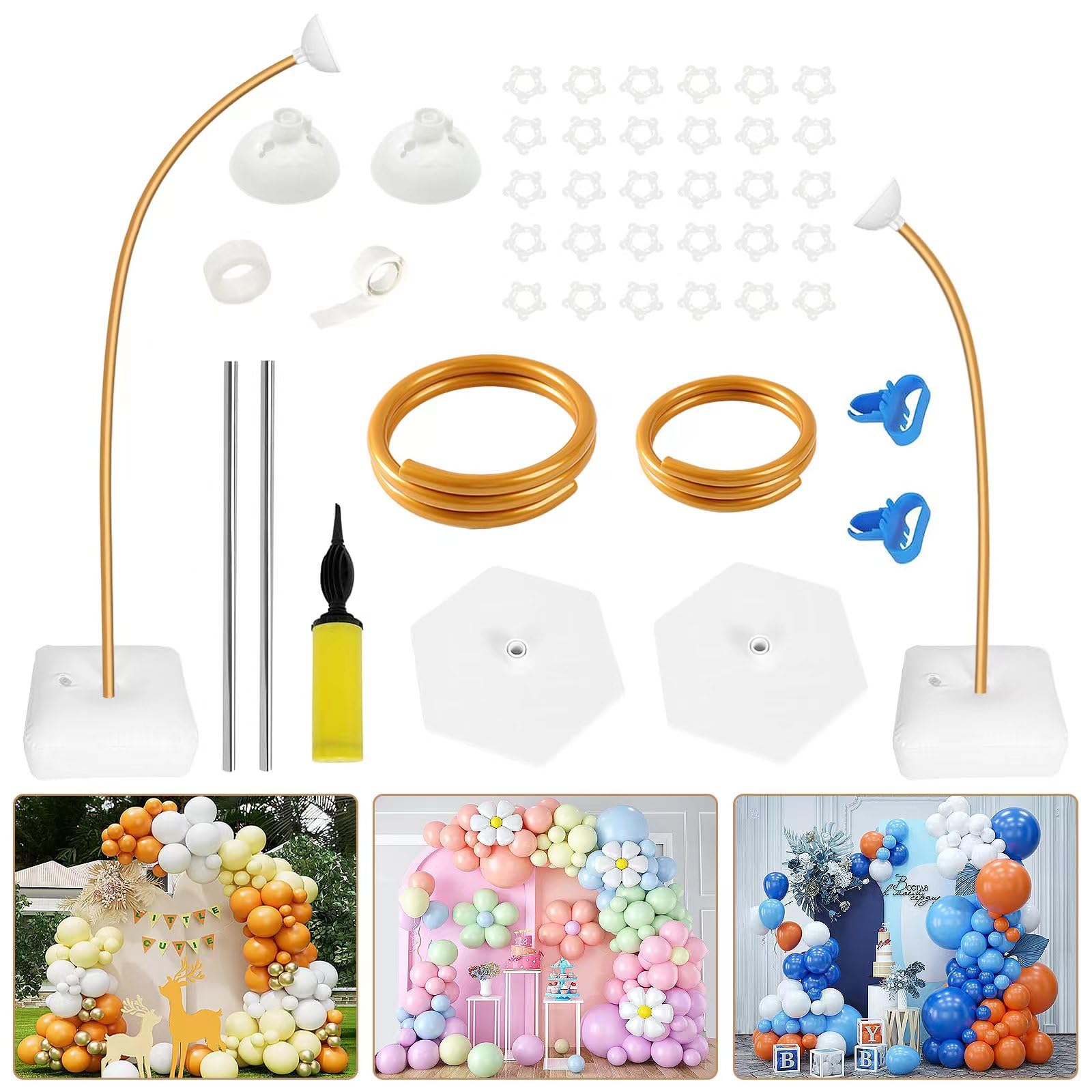 Bazen 8.2ft & 5ft Balloon Arch Kit Glod Free Bending Shape Deformation Balloon Column Stand Half Arch Balloon Stand with Base Balloon Arch Frame for Wedding Baby Shower Birthday Decoration