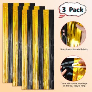 Merear Backdrop for Party Decorations, 3 Pack Black and Gold Foil Fringe Curtains Party Decor 8.2 * 3.3 FT Tinsel Streamers Birthday Party Decorations Photo Fringe Backdrop for Party, Graduation