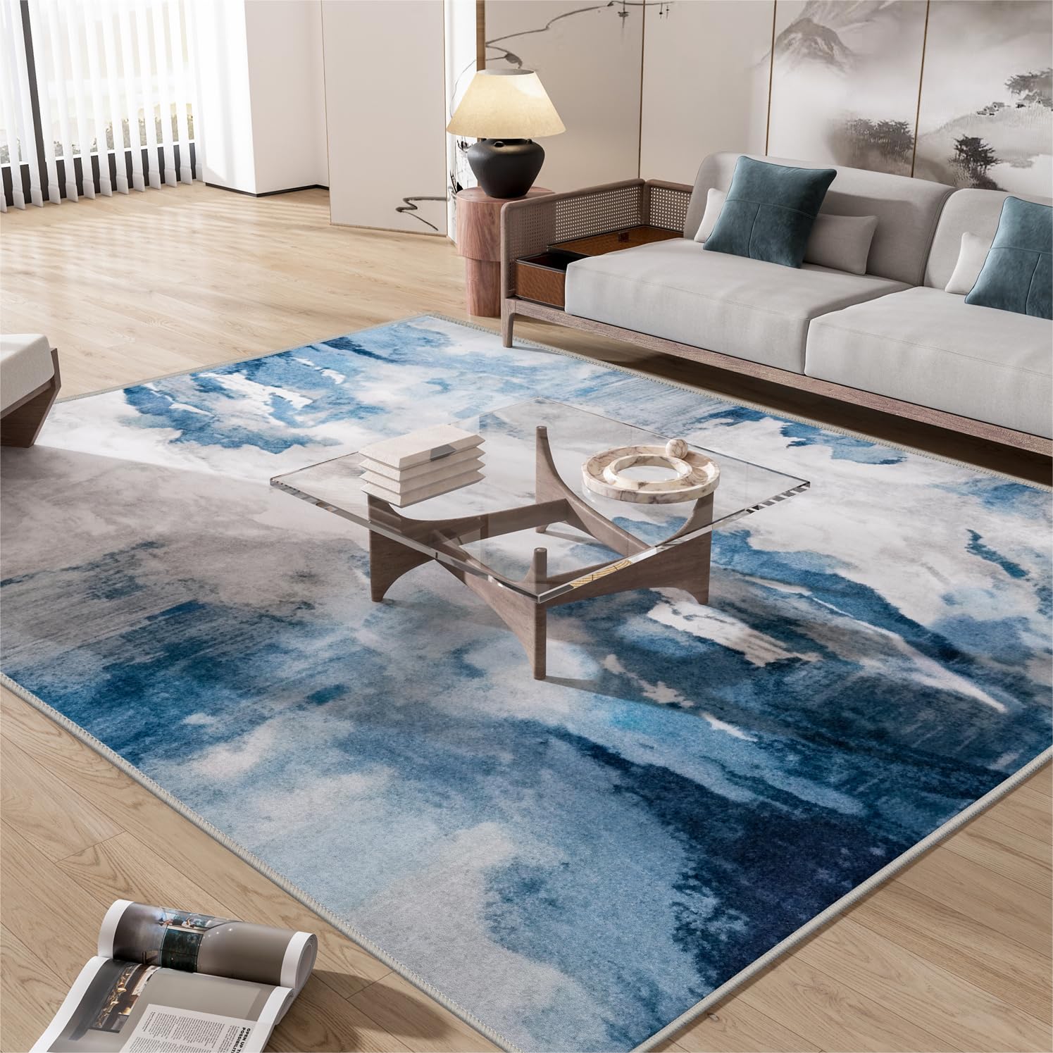 INGEROOM Washable Area Rug, 6x9 Area Rug for Living Room, Soft Area Rug for Bedroom, Abstract Design, Stain Resistant Rugs, TPR Anti-Slip Backing, Non Shedding, Blue Area Rug