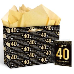 rumia black gold 40th birthday gift bag with tissue paper and 40th birthday greeting card, 40th birthday gift wrapping paper bag for men women 40th birthday party supplies