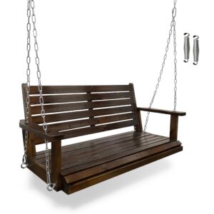 wooden porch swing, ergonomic seat, bench swing with hanging chains and 7mm springs, heavy duty 800 lbs, for outdoor patio garden yard (deep brown, 2-seater)