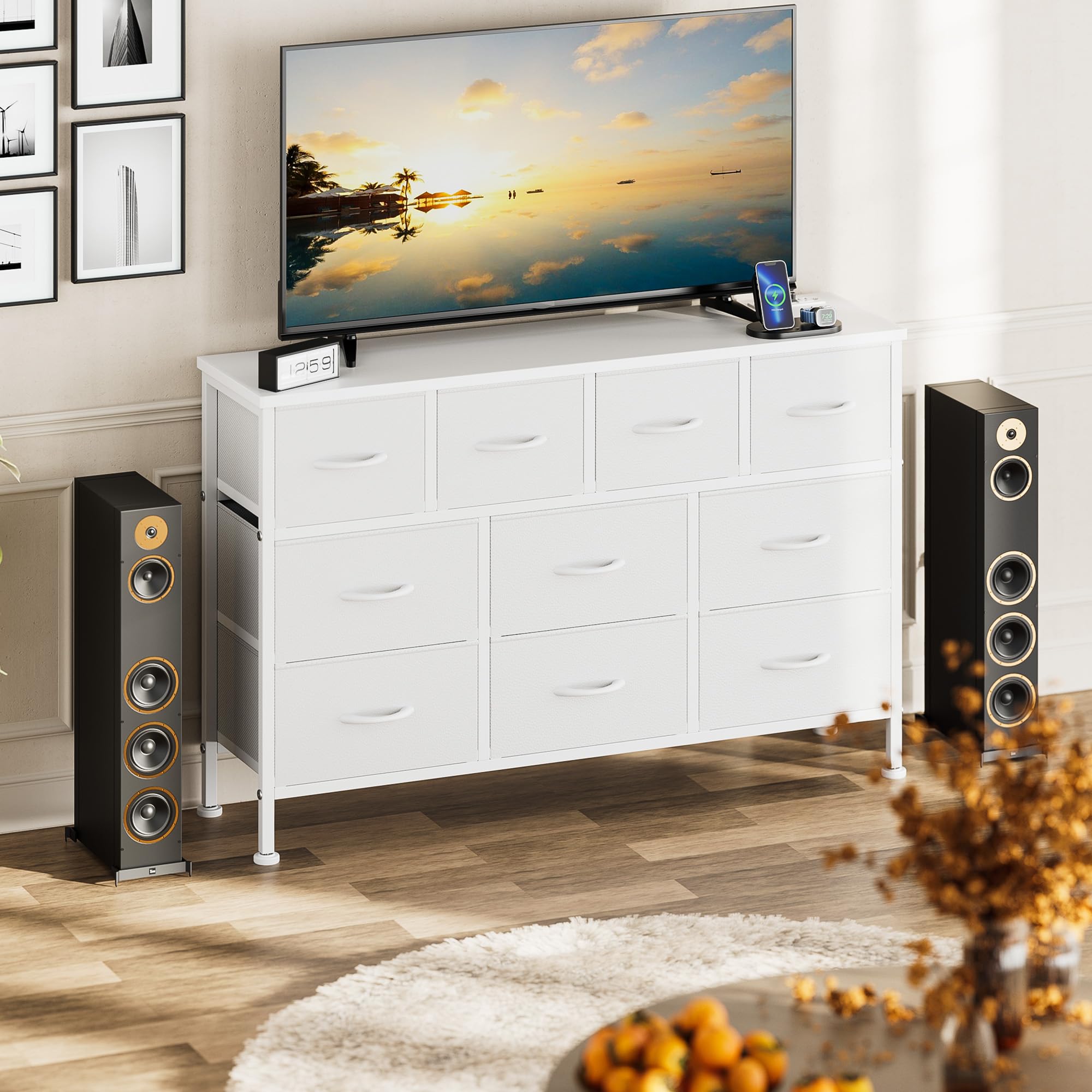 YaFiti Dresser TV Stand with Power Outlet, 43" Long Dresser for Bedroom with 10 Fabric Drawers, Chest of Drawers for Living Room, Hallway (White)