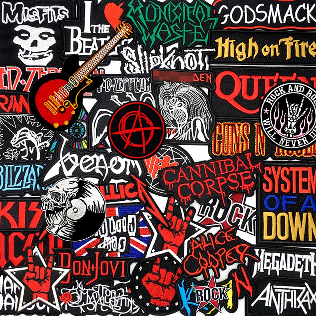 36PCS Heavy Metal Rock Music Patches Iron on Rock Music Badges Hippie Punk Stickers for Clothes (E)