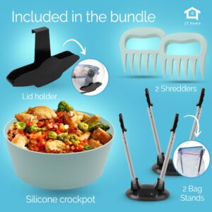 JT Home Liner for Crockpot and Accessories Bundle, 6 Pc Set Includes Silicone Liner for 6-8 Quarts Crockpot, Food Storage Bag Clips, Lid Holder Compatible with Crockpots and Meat Shredders Set, Teal