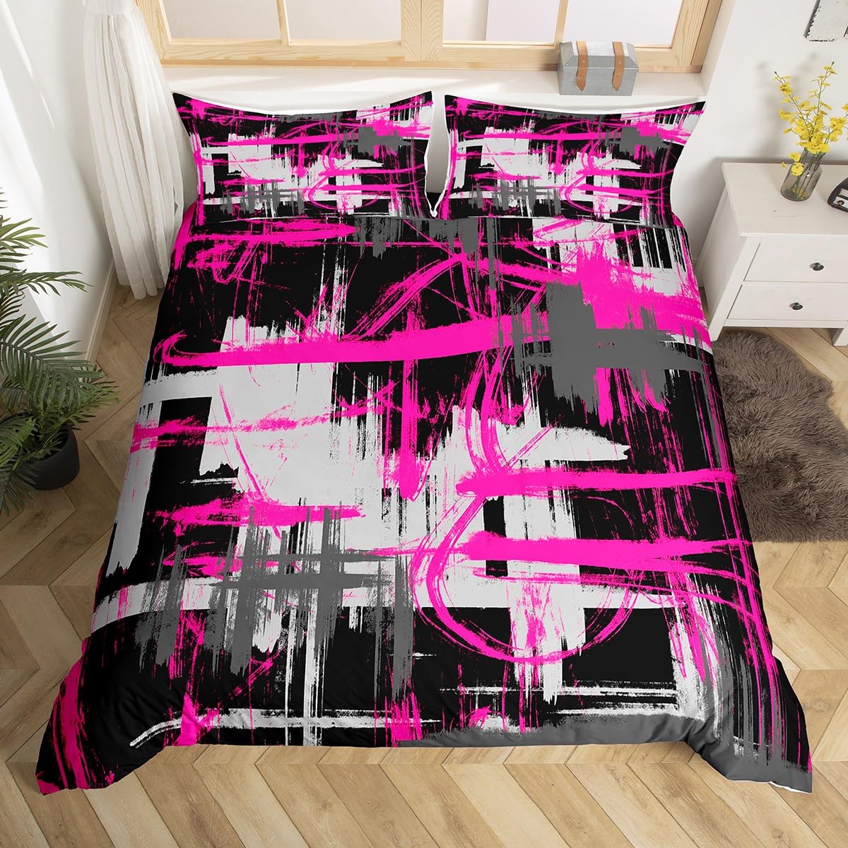 Feelyou Hot Pink Black Grey Bedding Set Queen Size Kids Abstract Art Comforter Cover Set for Boys Teens Modern Striped Art Duvet Cover Breathable Geometric Bedspread Cover Room Decor Quilt Cover