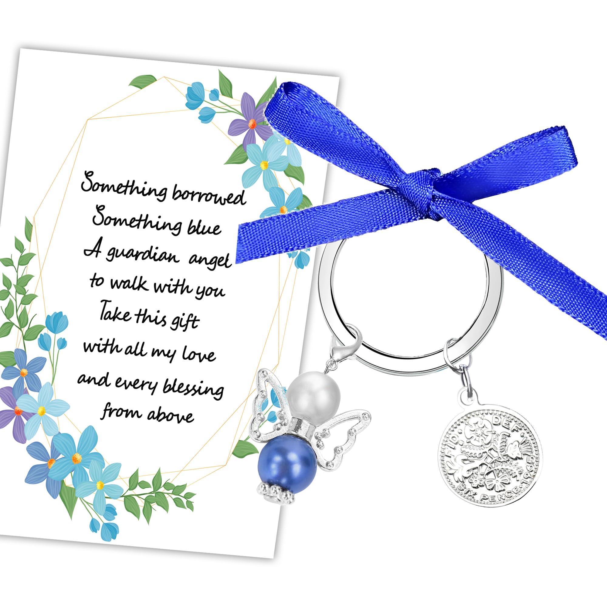 MKISHINE Something Blue for Bride to Be on Wedding Gifts Bridal Angel Bouquet from Mom Dad Grandma Sister Friends, Bride's Old Sixpence Coin with Wedding Card for Bride, a Sixpence for Her Shoe