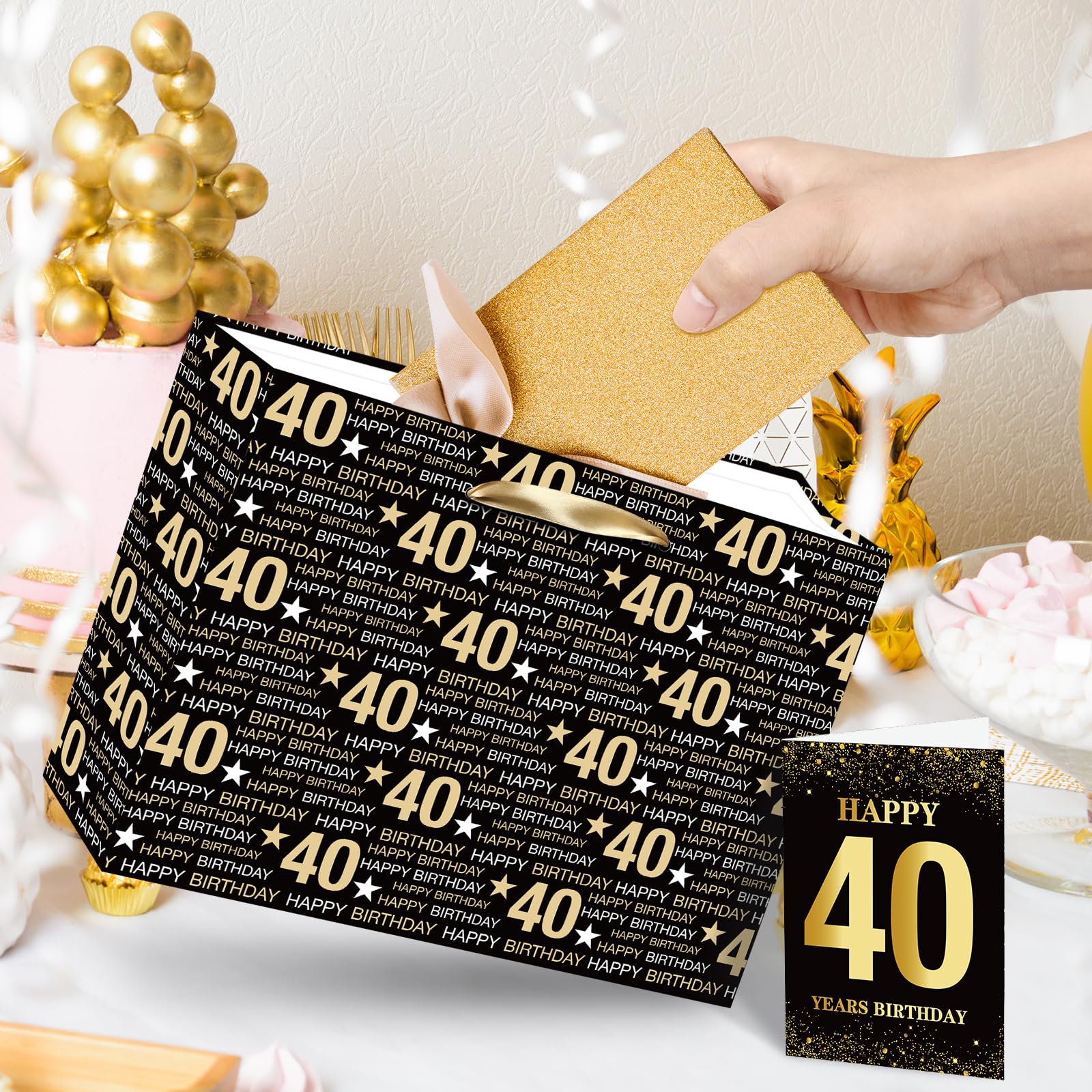 RUMIA Black Gold 40th Birthday Gift Bag with Tissue Paper and 40th Birthday Greeting Card, 40th Birthday Gift Wrapping Paper Bag for Men Women 40th Birthday Party Supplies