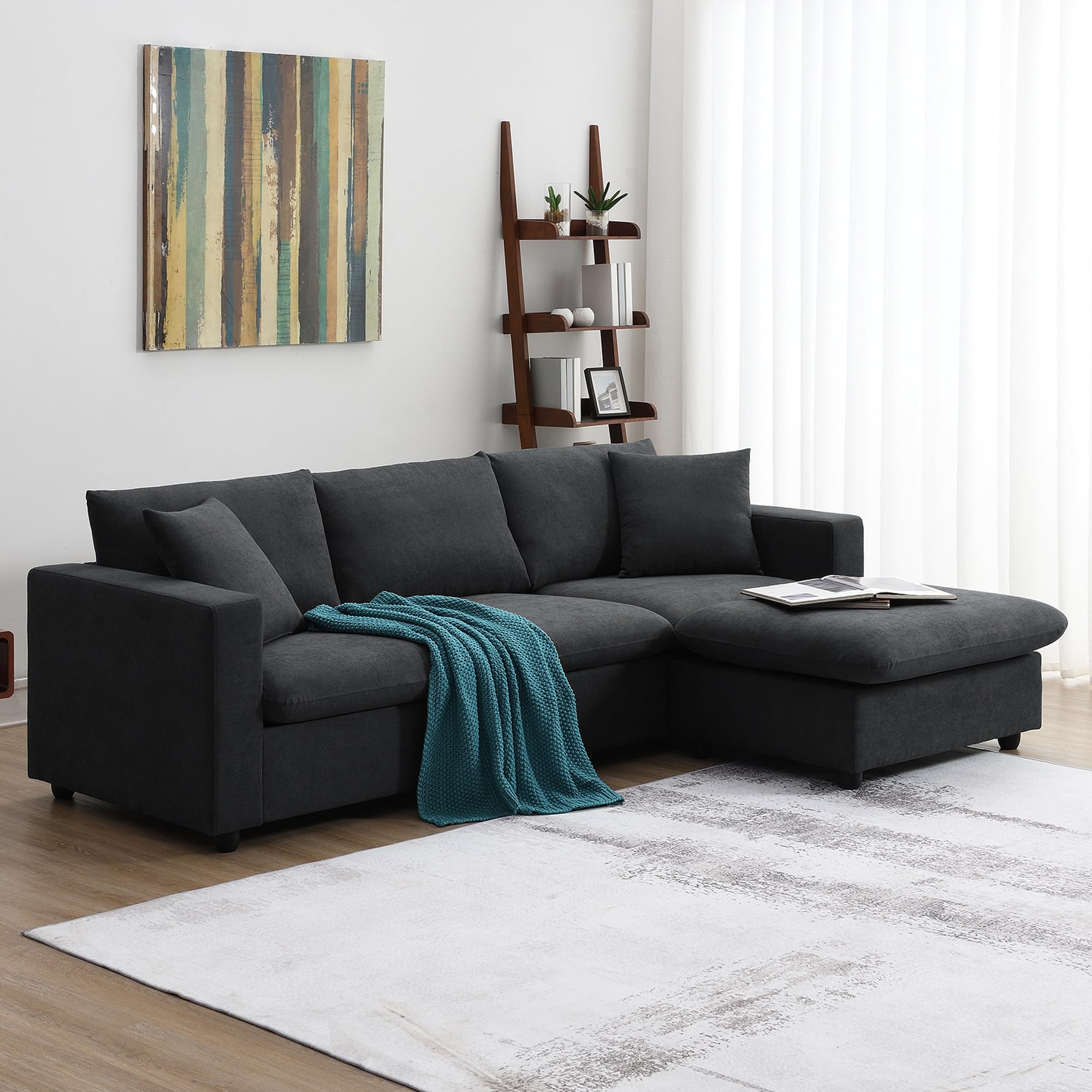 SCANORDIC 100.4" Convertible Couches for Living Room, L-Shape Modular Sectional Sofa with Reversible Chaise and 2 Pillows, Modern Sectional Couches for Living Room, Apartment, Office, Black