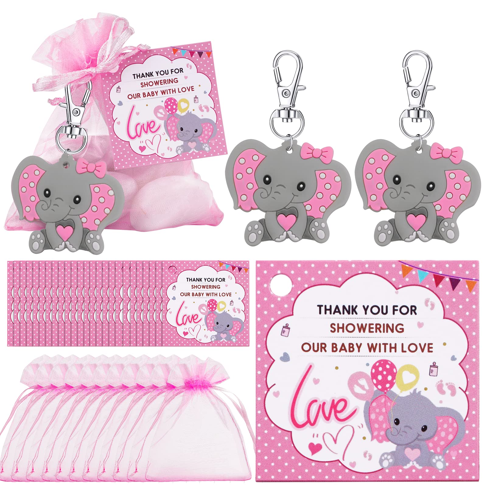 HozHoy 40 Sets Baby Shower Favors for Girls, Guests Gifts Including Elephant Keychains Decorations, Drawstring Bags, Thank You Cards for Baby Shower Party