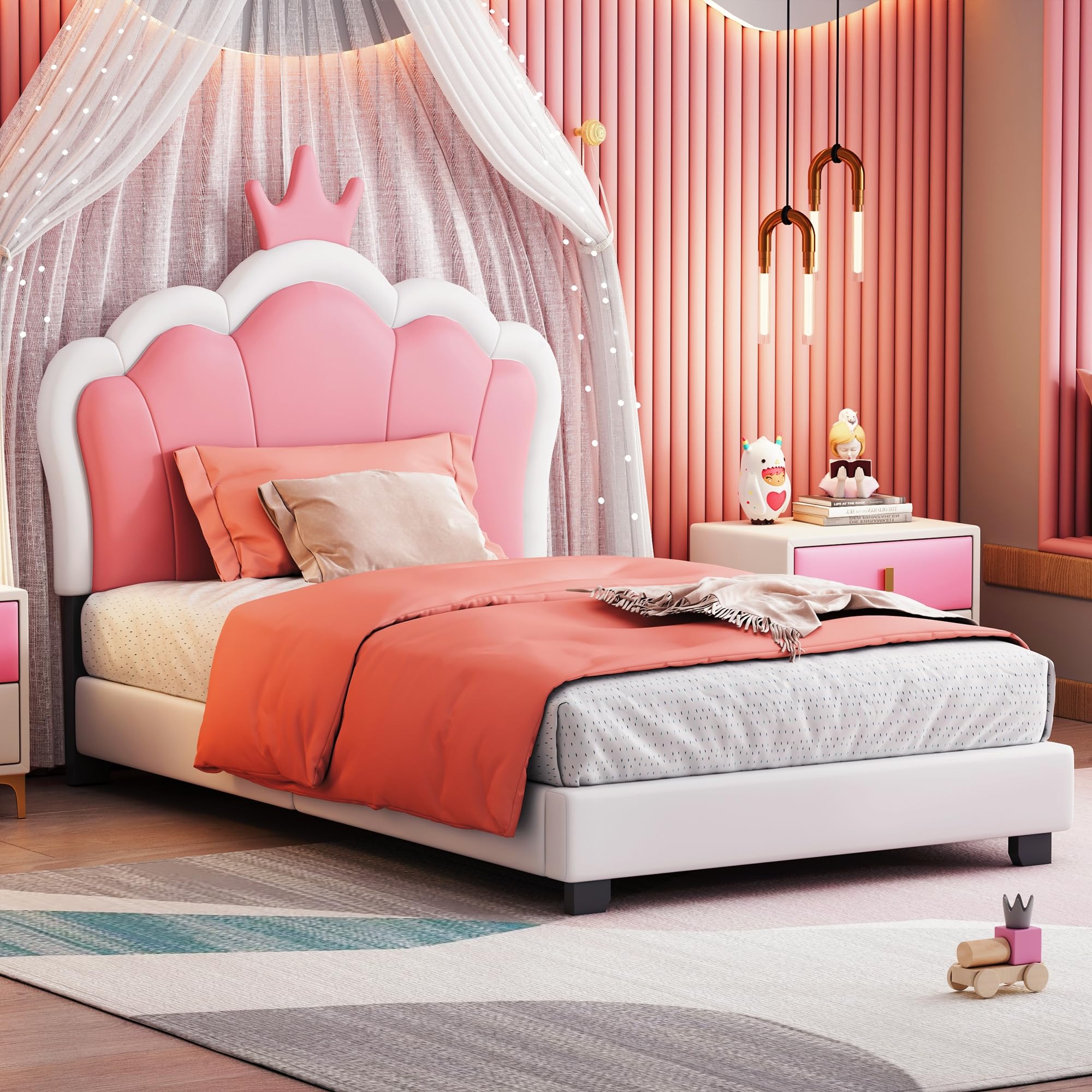 Brabrety Twin Size Upholstered Princess Platform Bed with Crown Headboard and Footboard,for Kids Boys Girls Teens Bedroom Use (White+Pink@Crown, Twin)