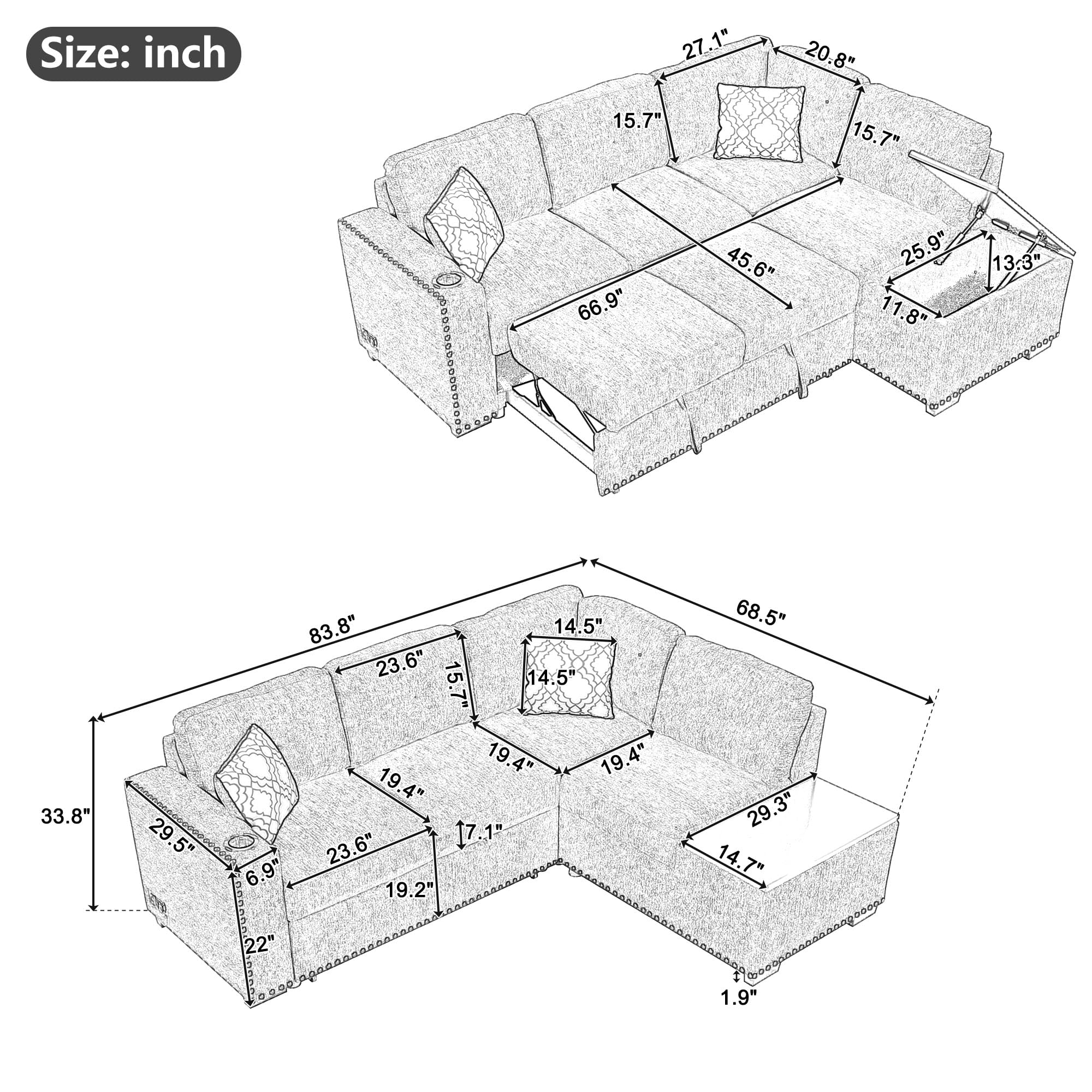 P PURLOVE Pull-Out Sleeper Sofa Bed, L-Shaped Corner Sofa with Storage Chaise, USB Ports, Power Sockets and Cup Holder, Chenille Sectional Couch for Living Room, Bedroom, Study, Black