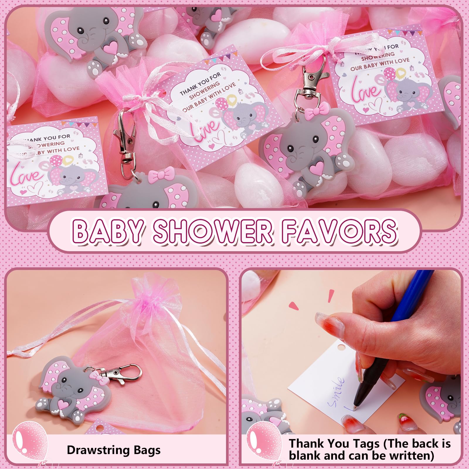 HozHoy 40 Sets Baby Shower Favors for Girls, Guests Gifts Including Elephant Keychains Decorations, Drawstring Bags, Thank You Cards for Baby Shower Party