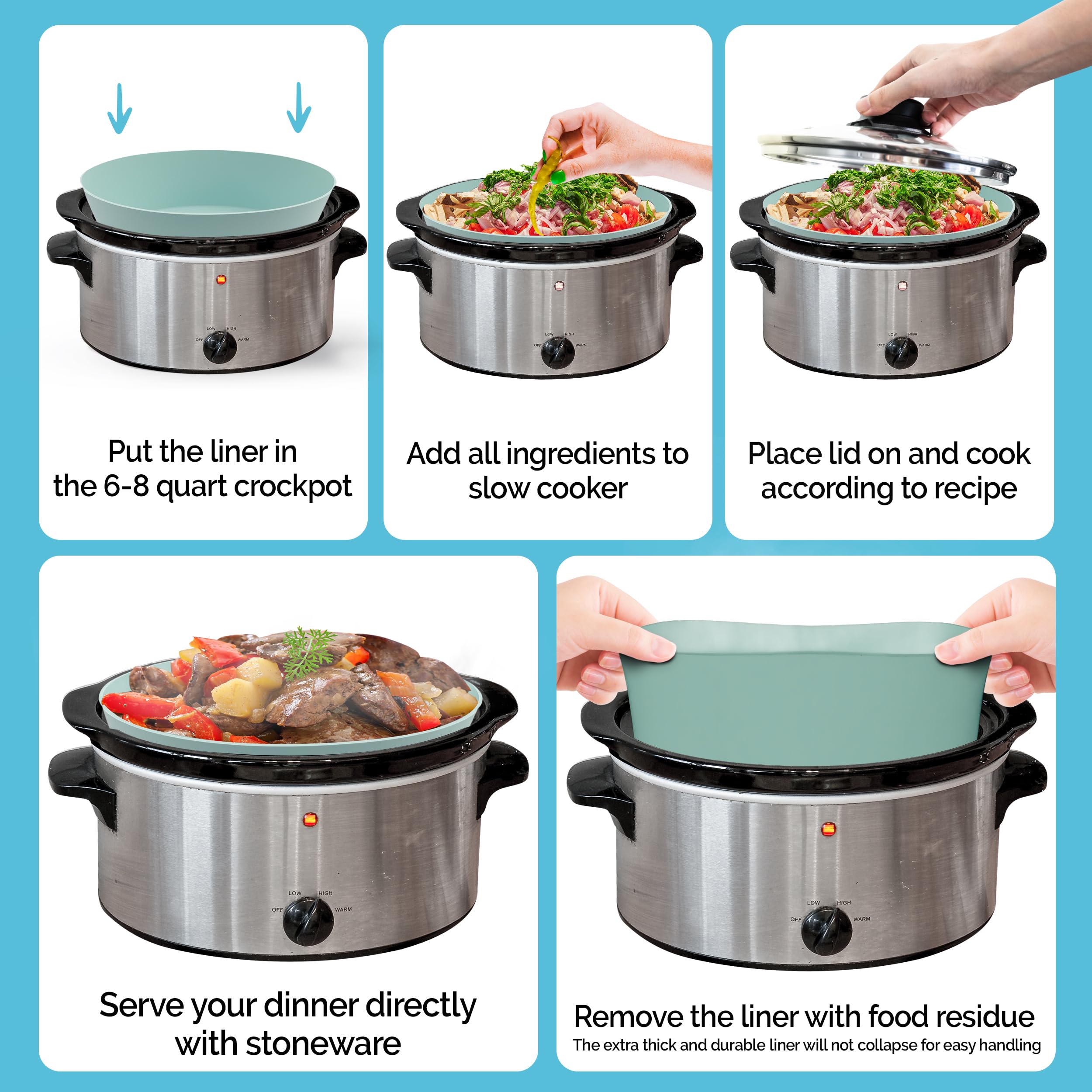 JT Home Liner for Crockpot and Accessories Bundle, 6 Pc Set Includes Silicone Liner for 6-8 Quarts Crockpot, Food Storage Bag Clips, Lid Holder Compatible with Crockpots and Meat Shredders Set, Teal