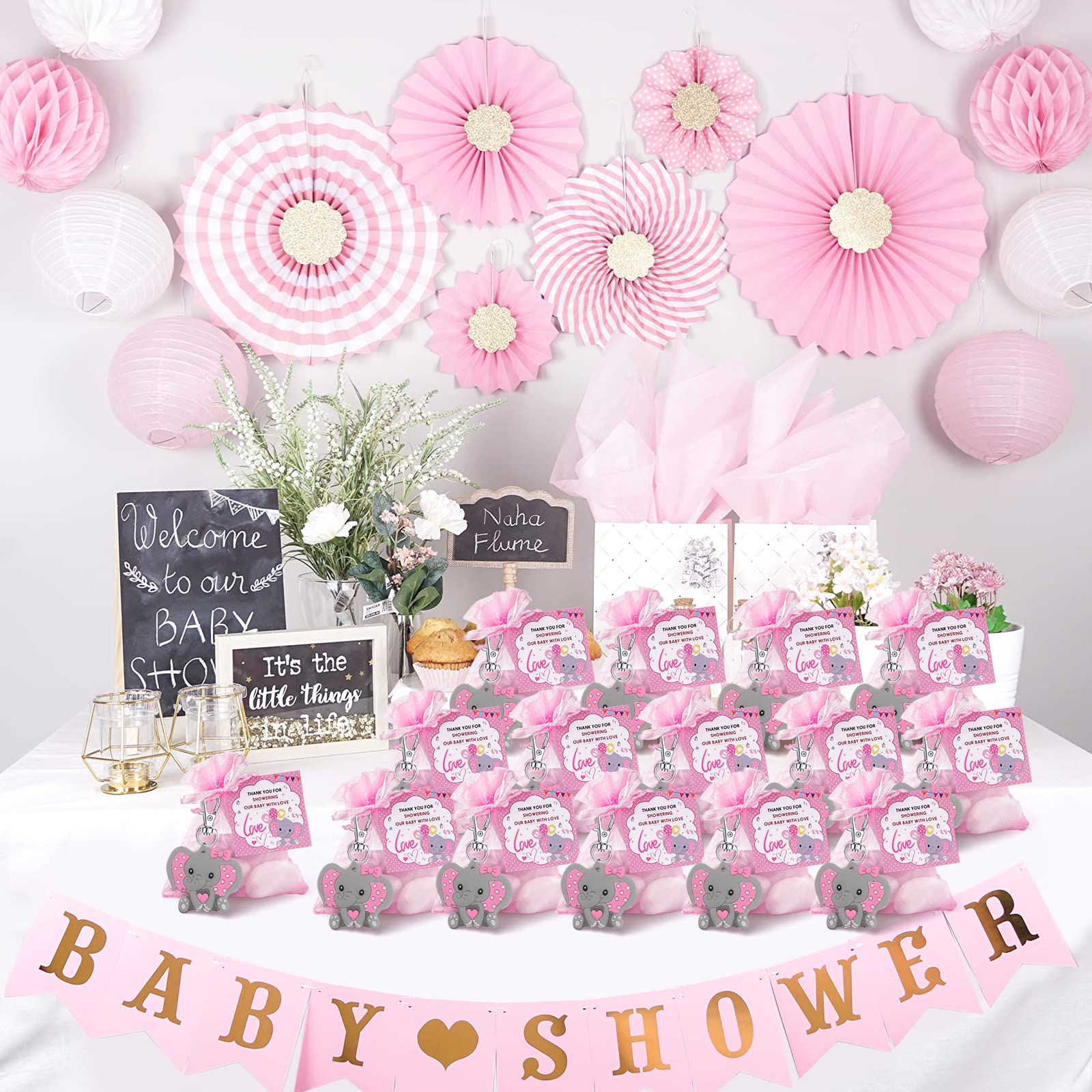 HozHoy 40 Sets Baby Shower Favors for Girls, Guests Gifts Including Elephant Keychains Decorations, Drawstring Bags, Thank You Cards for Baby Shower Party