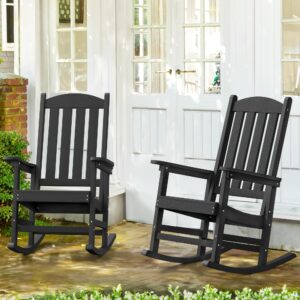 LUE BONA Outdoor Rocking Chairs Set of 2, HDPS Poly Rocking Chair, All Weather Resistant Plastic Outdoor Indoor Porch Rocker, Heavy Duty Rocking Chair for Patio, Lawn, Garden, 300LBS, Black