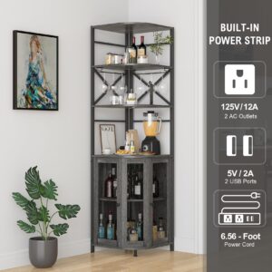 Aufvolr Wine Bar Cabinet with Power Outlet, 6-Tiers Industrial Wine Cabinet with LED Light and Glass Holder, Corner Bar Cabinet with Adjustable Shelf and Mesh Door, Liquor Cabinet Bar for Home