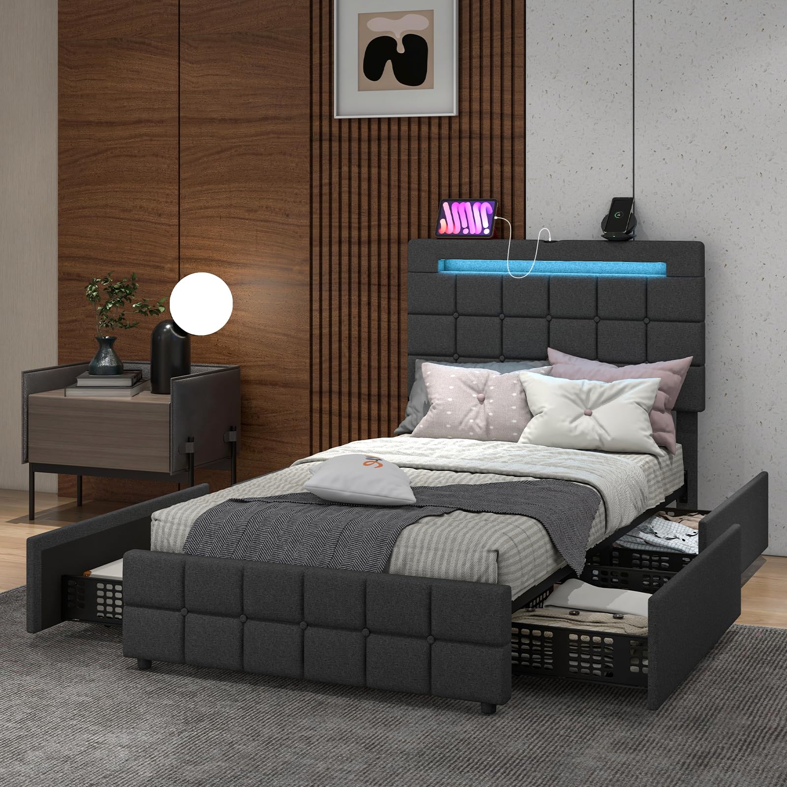 Giantex Twin Bed Frame with LED Lights and 4 Drawers, Upholstered Platform Bed Frame with USB Ports, Tufted Adjustable Headboard Design, Solid Wooden Slat Support, No Box Spring Needed