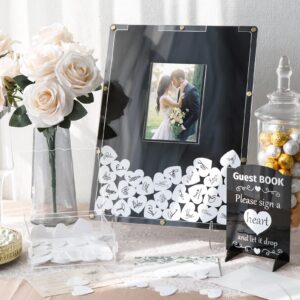 aerwo wedding guest book alternative, acrylic guest book wedding reception wedding heart guest book drop box with picture frame,100 acrylic hearts,wedding signs for graduations baby shower anniversary