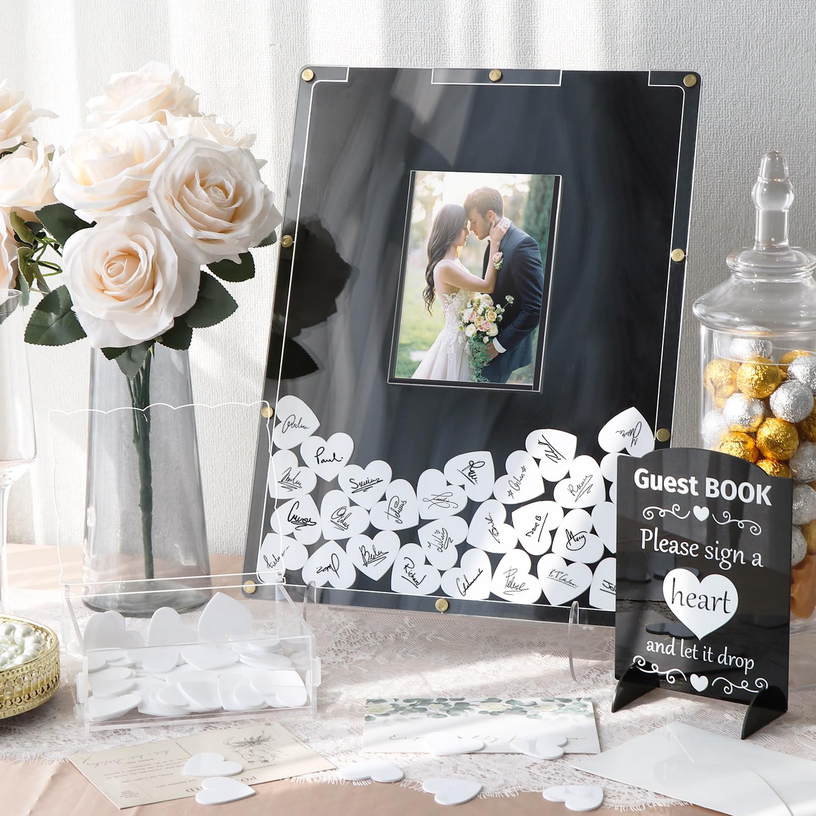 AerWo Wedding Guest Book Alternative, Acrylic Guest Book Wedding Reception Wedding Heart Guest Book Drop Box with Picture Frame,100 Acrylic Hearts,Wedding Signs for Graduations Baby Shower Anniversary