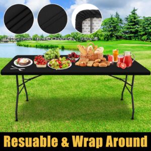 Smiry Rectangle Picnic Table Cloth, Waterproof Elastic Fitted Tablecloths for 6 Foot Tables, Washable Polyester Table Cover for Camping, Indoor and Outdoor (Black, 30"x72")