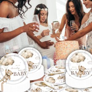 We Can Bearly Wait Bear Baby Shower Party Supplies Serves 24, Includes Plates, Napkins, Forks, Brown Nude Party Tableware Set for Boy Girl, Total 96PCS