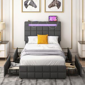 giantex twin bed frame with led lights and 4 drawers, upholstered platform bed frame with usb ports, tufted adjustable headboard design, solid wooden slat support, no box spring needed