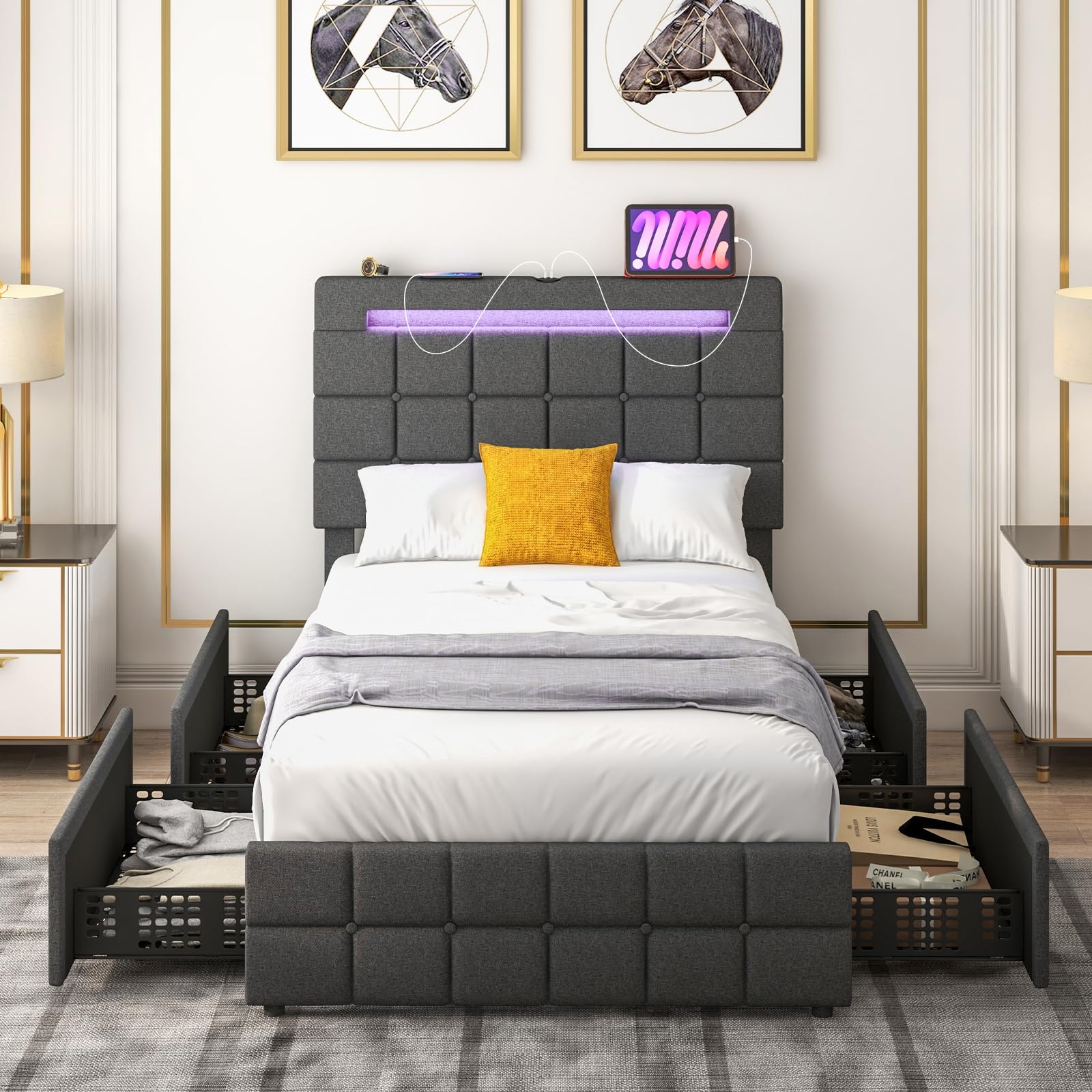 Giantex Twin Bed Frame with LED Lights and 4 Drawers, Upholstered Platform Bed Frame with USB Ports, Tufted Adjustable Headboard Design, Solid Wooden Slat Support, No Box Spring Needed