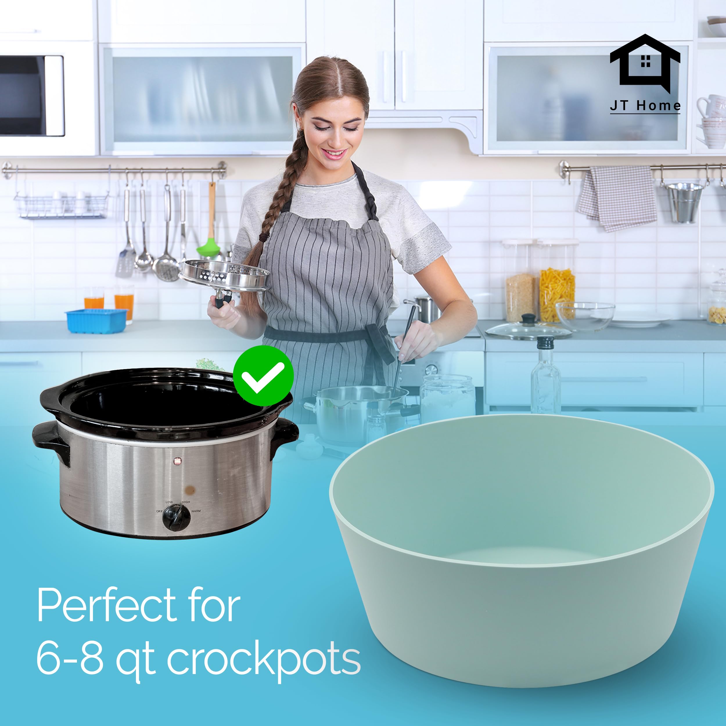 JT Home Liner for Crockpot and Accessories Bundle, 6 Pc Set Includes Silicone Liner for 6-8 Quarts Crockpot, Food Storage Bag Clips, Lid Holder Compatible with Crockpots and Meat Shredders Set, Teal