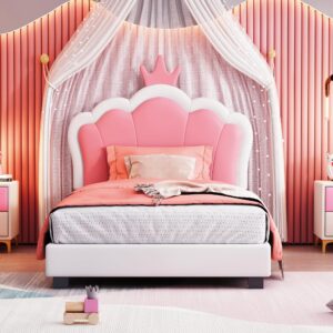 brabrety twin size upholstered princess platform bed with crown headboard and footboard,for kids boys girls teens bedroom use (white+pink@crown, twin)