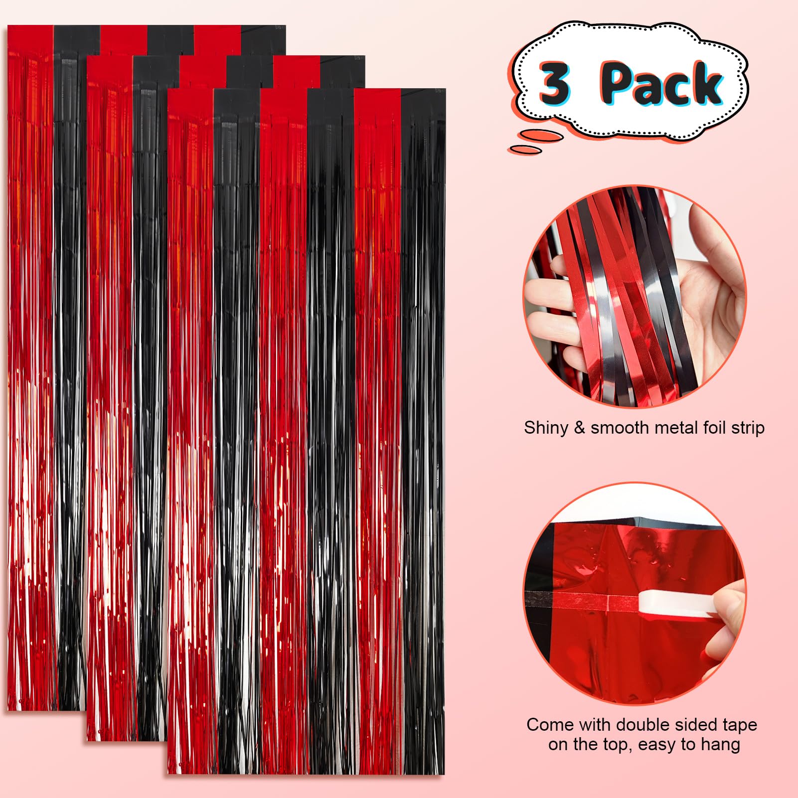 Merear Backdrop for Party Decorations, 3 Pack Black and Red Foil Fringe Curtains Party Decor 8.2 * 3.3 FT Tinsel Streamers Birthday Party Decorations Photo Fringe Backdrop for Party, Graduation