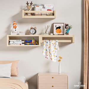 QimCoor Nursery Shelves with Lip, 5.7 inch Deep Floating Shelf with Extra Cube Shelf, Natural Solid Wood Kids Bookshelf, Baby Nursery Decor for Wall (Natural-2pack, 16.5in)