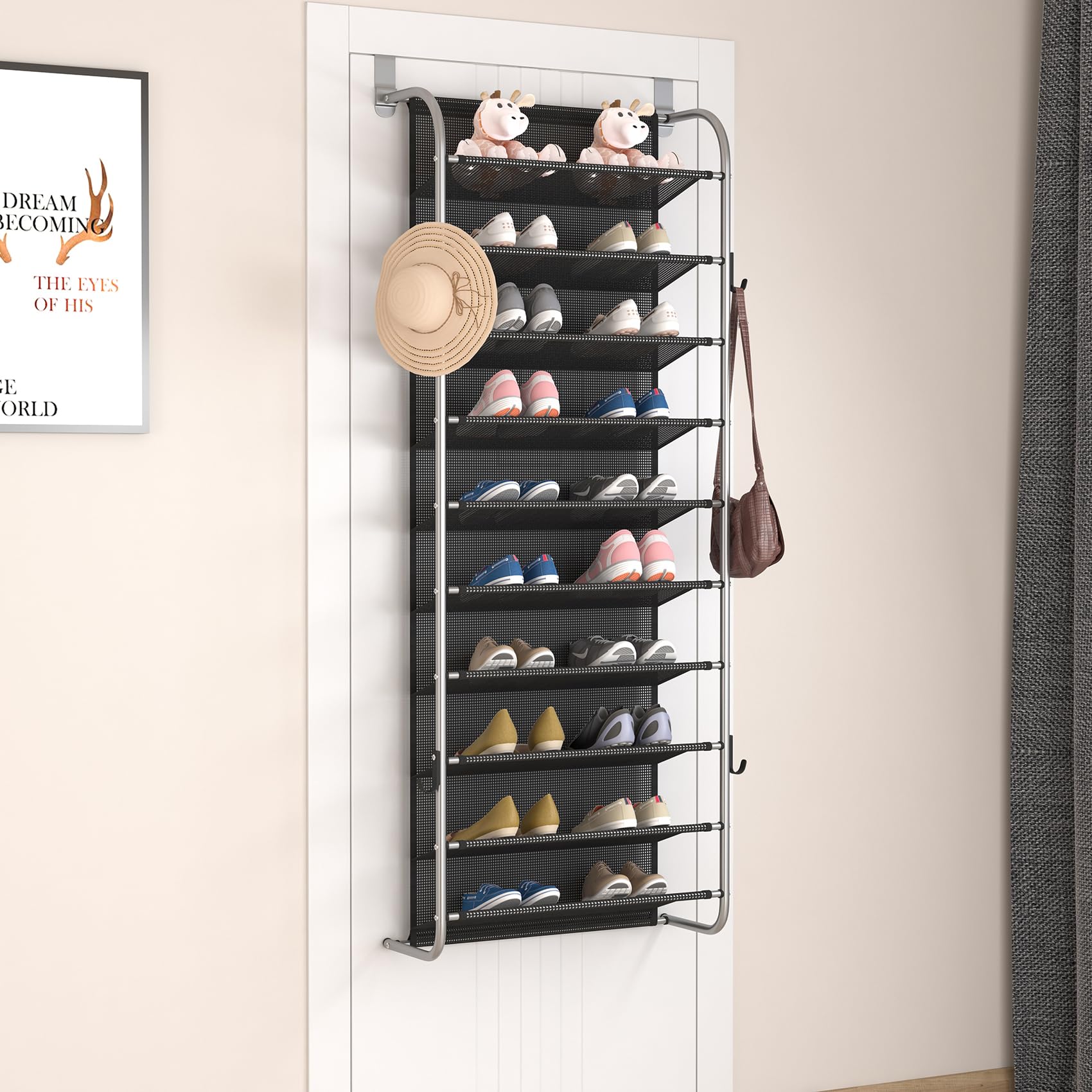 MUOU 10 Tier Shoe rack Hanging Shoe Storage the door shoe rack for Closet Pantry Over The Door Shoe Organizer Wall Floating Shelves (Gray, 10 Tier)