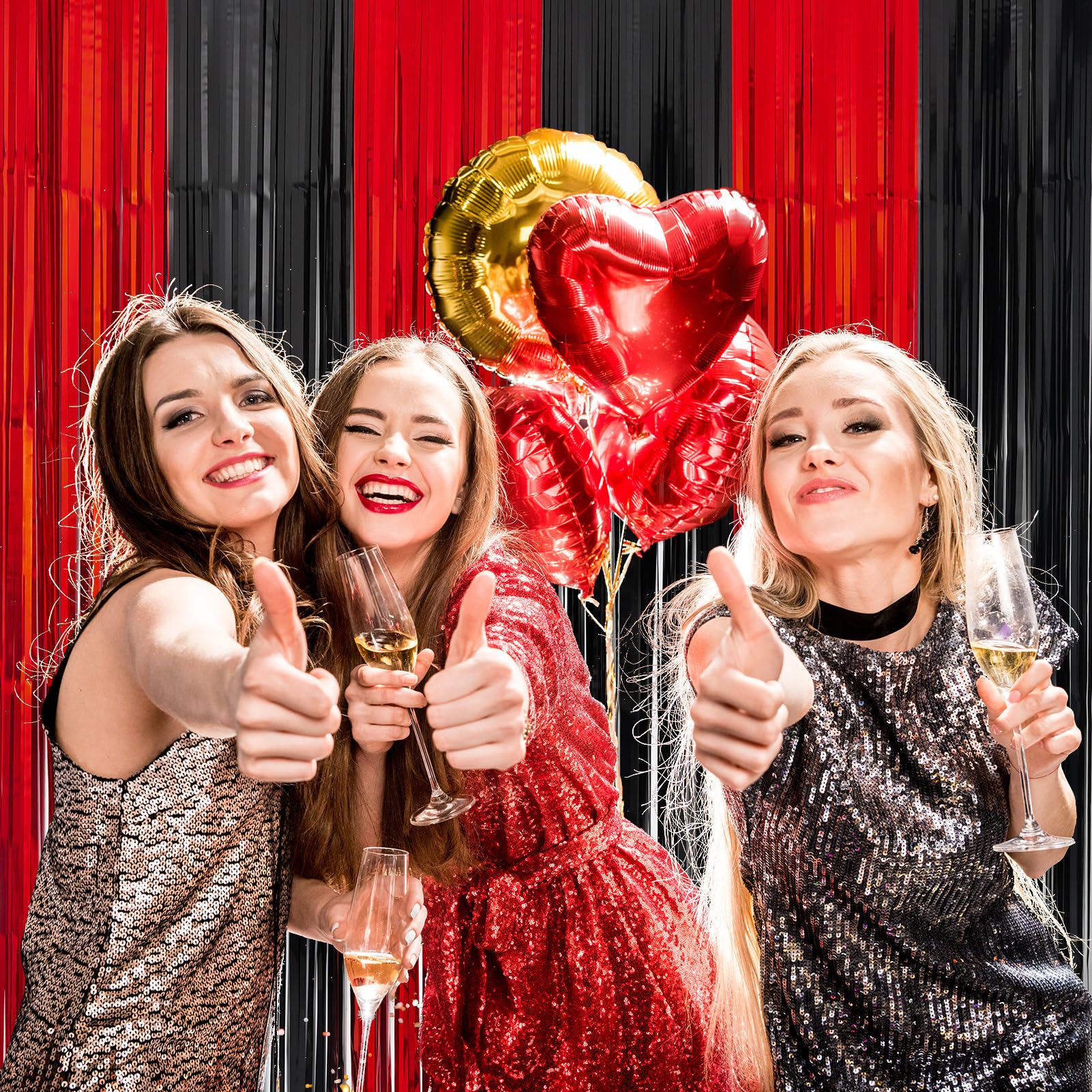 Merear Backdrop for Party Decorations, 3 Pack Black and Red Foil Fringe Curtains Party Decor 8.2 * 3.3 FT Tinsel Streamers Birthday Party Decorations Photo Fringe Backdrop for Party, Graduation