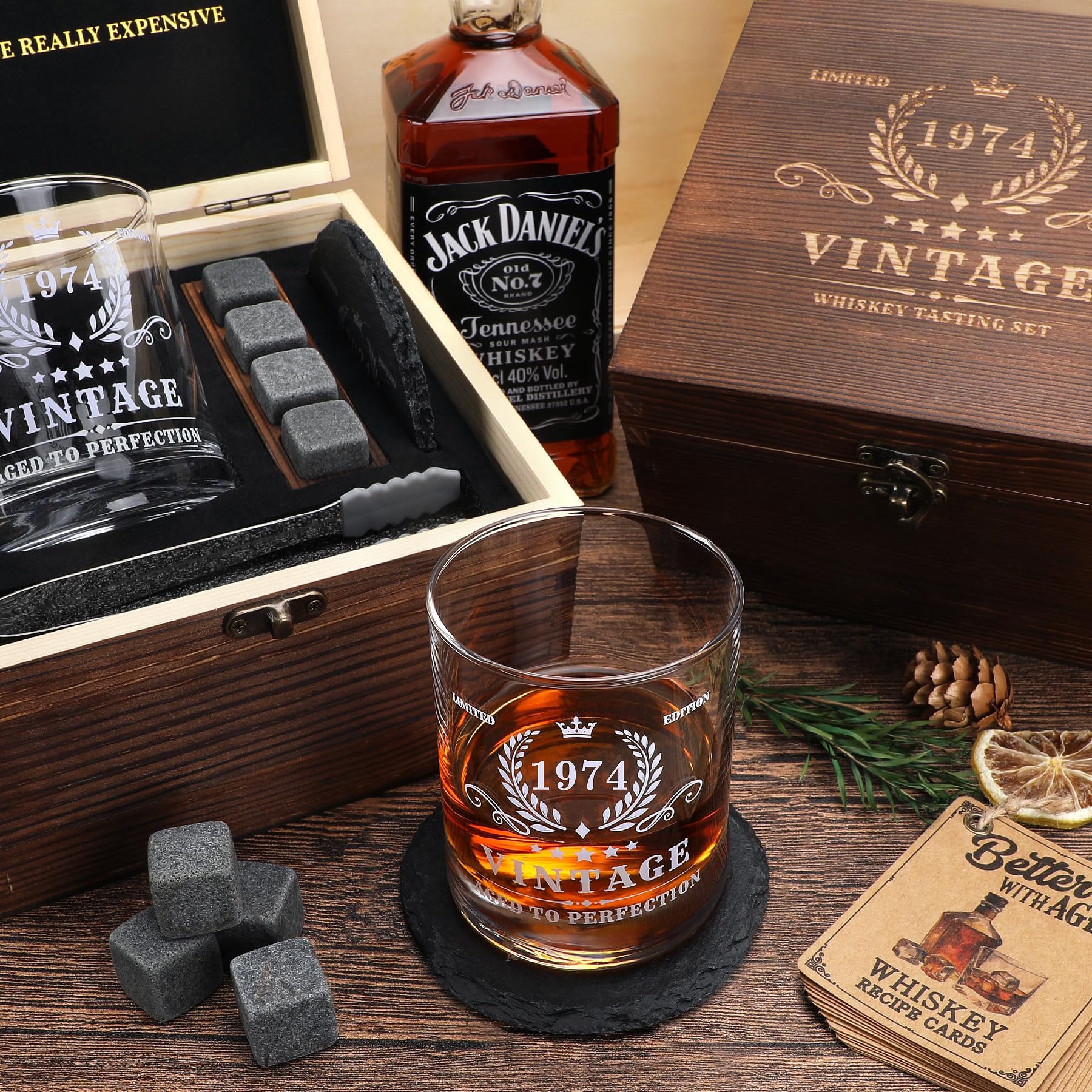 Pagather 50th Birthday Gifts for Men - Vintage 1974 Whiskey Glass Set, 50 Years Old Anniversary Ideas for Him, Dad, Husband, Include Wood Box, Recipe, Stones, Coaster, Stone Holder, Clamp