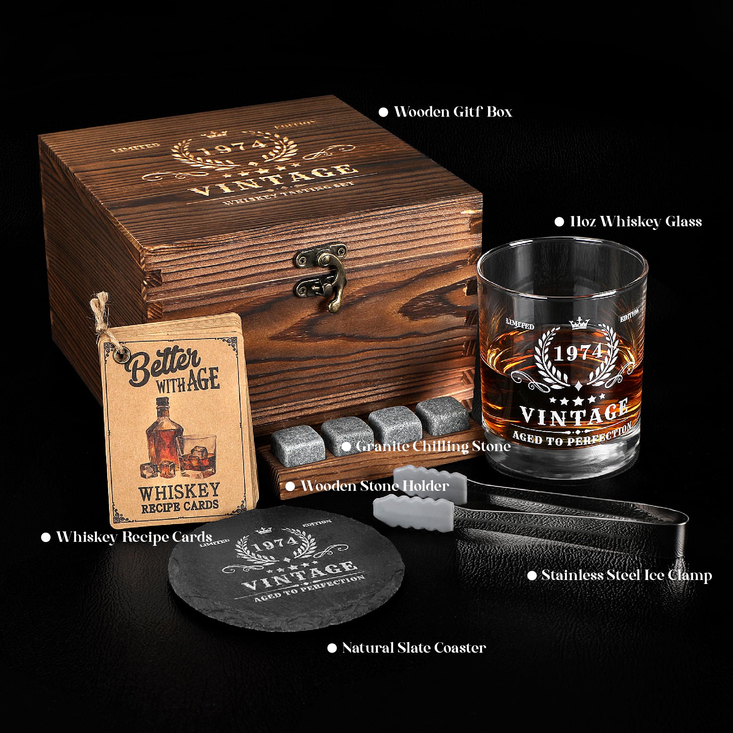 Pagather 50th Birthday Gifts for Men - Vintage 1974 Whiskey Glass Set, 50 Years Old Anniversary Ideas for Him, Dad, Husband, Include Wood Box, Recipe, Stones, Coaster, Stone Holder, Clamp