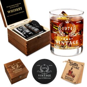 pagather 50th birthday gifts for men - vintage 1974 whiskey glass set, 50 years old anniversary ideas for him, dad, husband, include wood box, recipe, stones, coaster, stone holder, clamp