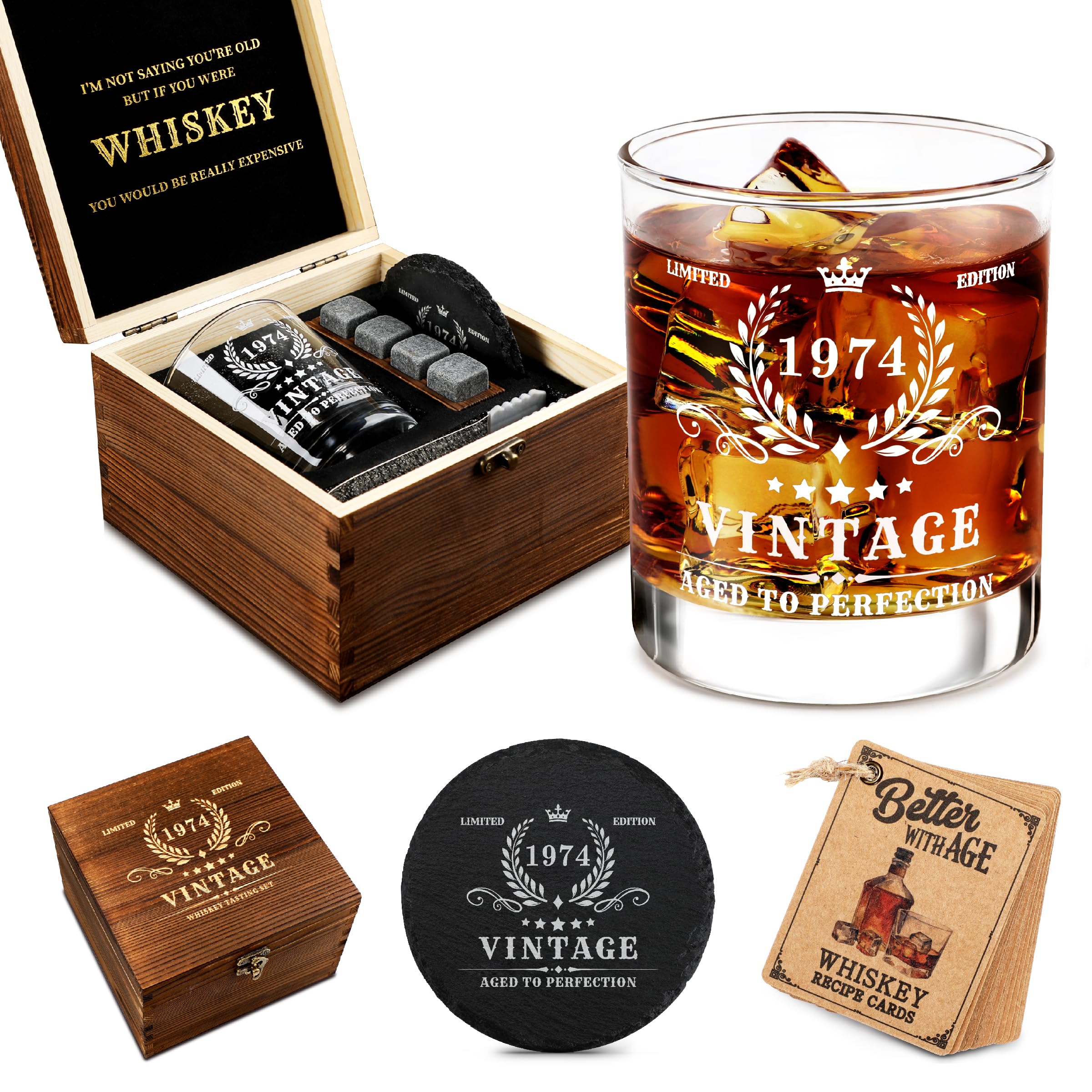 Pagather 50th Birthday Gifts for Men - Vintage 1974 Whiskey Glass Set, 50 Years Old Anniversary Ideas for Him, Dad, Husband, Include Wood Box, Recipe, Stones, Coaster, Stone Holder, Clamp