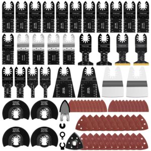 vtopmart 114 pcs oscillating saw blades, bi-metal tool blade, arc edge multitool blades for cutting wood/metal/plastic compatible with fein multimaster porter cable bosch, accessories with sandpaper