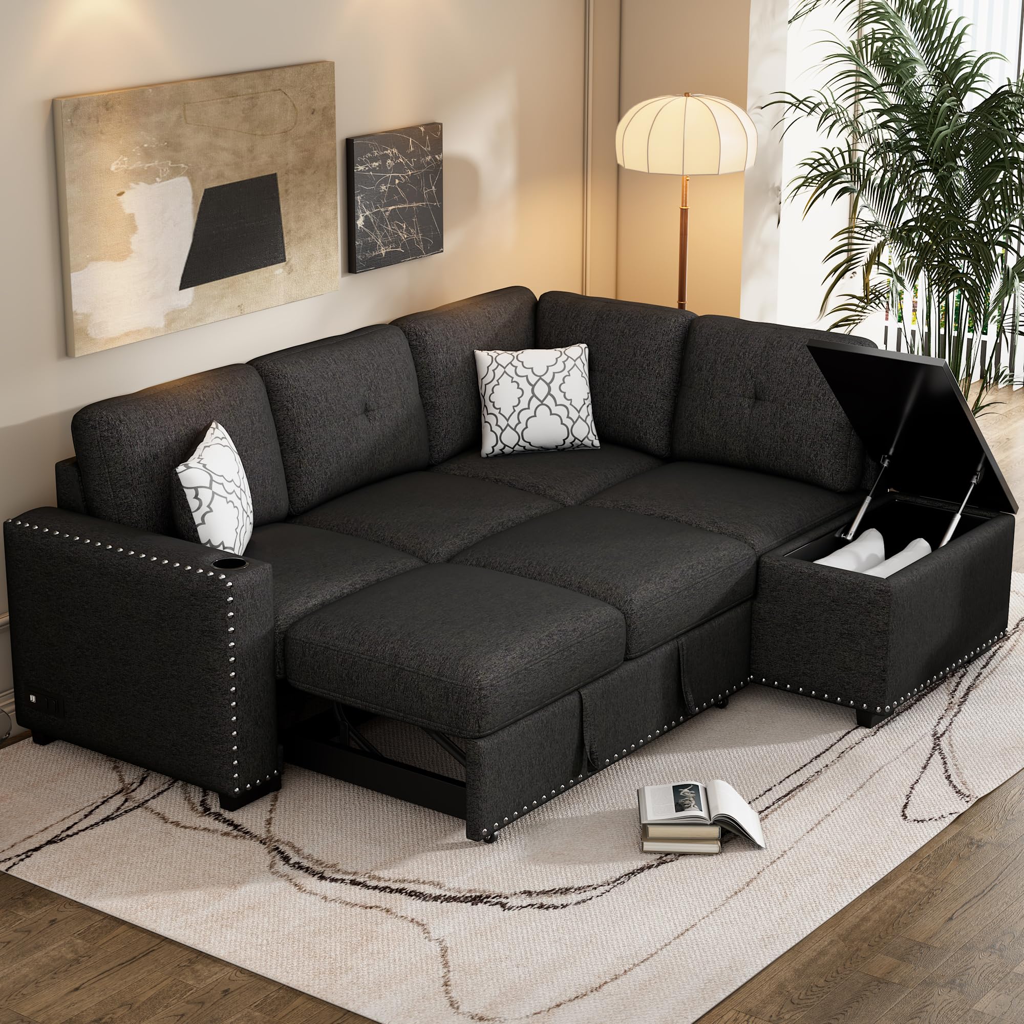 P PURLOVE Pull-Out Sleeper Sofa Bed, L-Shaped Corner Sofa with Storage Chaise, USB Ports, Power Sockets and Cup Holder, Chenille Sectional Couch for Living Room, Bedroom, Study, Black