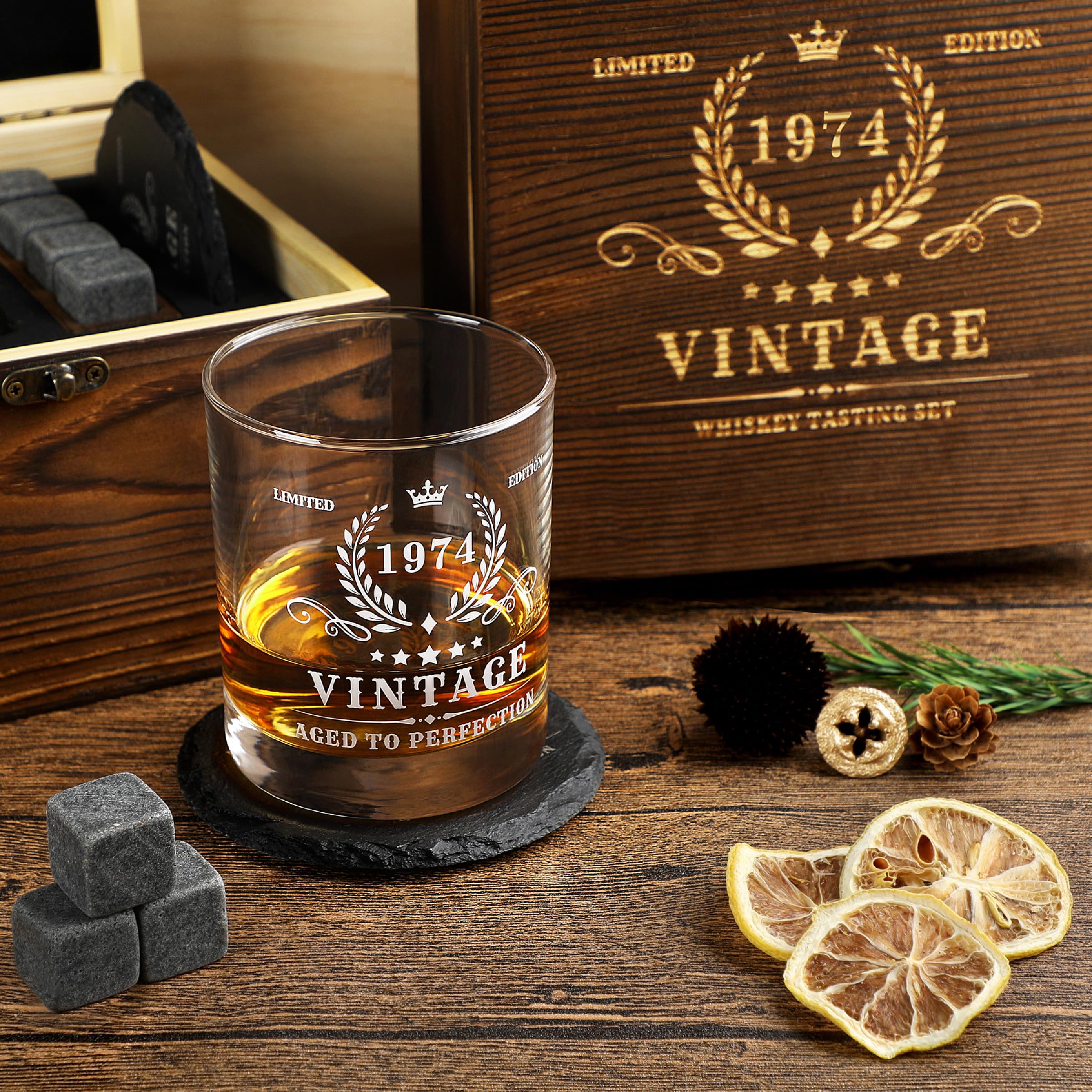 Pagather 50th Birthday Gifts for Men - Vintage 1974 Whiskey Glass Set, 50 Years Old Anniversary Ideas for Him, Dad, Husband, Include Wood Box, Recipe, Stones, Coaster, Stone Holder, Clamp